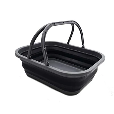 Afbeelding van SAMMART opvouwbare badkuip met handvat, draagbare picknickmand/krater voor buiten, boodschappentas, ruimtebesparende voorraaddoos, grijs/zwart, 12 liter