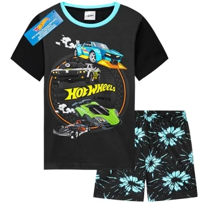 Afbeelding van Hot Wheels Pyjamaset voor kinderen, jongens, 2 delig, korte pyjama, zomer, T shirt en shorts, ademend, cadeau idee Zwart, 6 7 Jaren