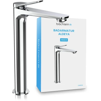Afbeelding van Bächlein badkamerkraan Aldeya high in modern design, extra hoge ééngreepsmengkraan voor opzetwastafel met bevestigingsset, chroom