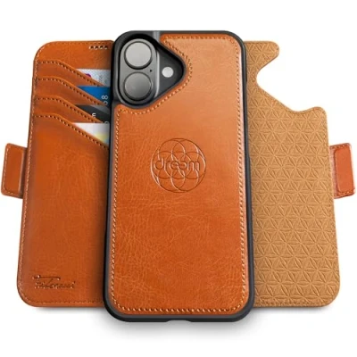 Afbeelding van Dreem Fibonacci compatibel met iPhone 16 portemonnee case / 2 in 1 schokbestendig hoesje en afneembare veganistisch lederen folio, MagSafe, RFID bescherming [Karamel]