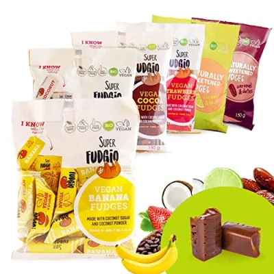 Afbeelding van SUPER FUDGiO BIO Snoepjes Favourites Mix Veganistisch en Glutenvrij ORGANIC Karamelsnoepjes zonder Palmolie met Biologische Kokosmelk Kokossuiker 6 x 150g Multipack Smaak: