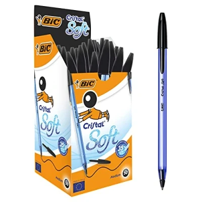 Afbeelding van BIC Cristal Soft Balpen, 50 balpennen in zwart, lijndikte 0,45 mm, documentecht