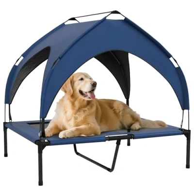 Afbeelding van PawHut Erhöhtes Hundebett mit Baldachin, Haustierbett, Outdoor Hundeliege Dach, Atmungsaktiv, für große Hunde Dunkelblau Oxford 91 x 76 89 cm