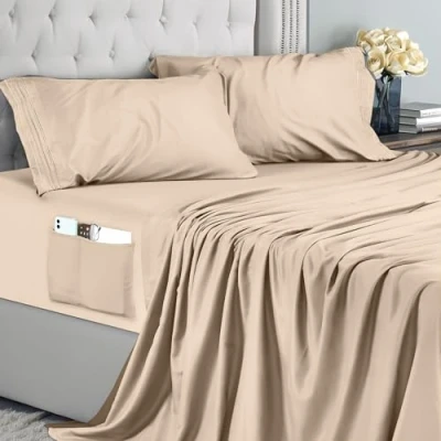 Afbeelding van Utopia Bedding 4 Delige Geborduurde Lakenset (Voor Bedmaat 180 x 200 cm, Beige) Geborsteld Microvezel Polyester,1 Vlakke Laken, 1 Hoeslaken met 2 Kussenslopen 50 75 cm