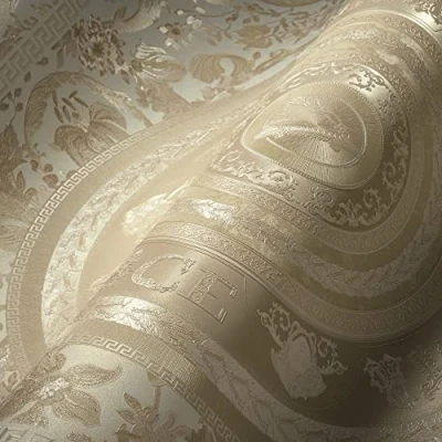 Afbeelding van &quot;MEDUSA HOOFD&quot; SATIJN GLANZEND CIRKEL BEHANG Design beige crème wit A.S. Création Versace 5