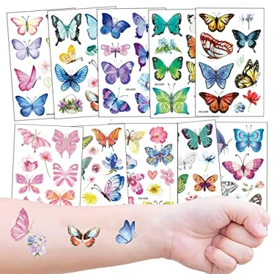 Afbeelding van Tatoeages voor Kinderen, 10 Vellen Vlinder Tijdelijke Kindertatoeages Set Feest, Kinderverjaardag Weggeefactie, Kerstmis, Geschenk Decoratie