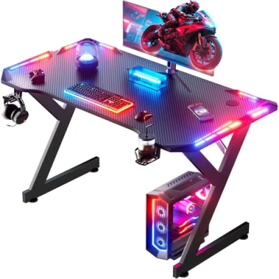 Afbeelding van HLONONE Gamingtafel met led, gamingbureau, 100 x 55 cm, stabiele computertafel koolstofvezelcoating, gamertafel bekerhouder en hoofdtelefoonhaak, zwart