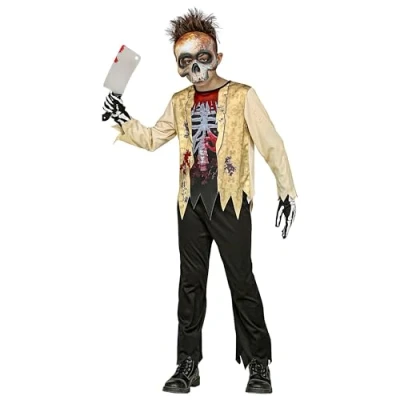 Afbeelding van Widmann Kinderkostuum zombie skelet, 3 delig, bovendeel, broek en masker, doodshoofd, botten, bloed besmeerd, horror, psycho, killer, kostuum, bekleding, themafeest, carnaval, Halloween