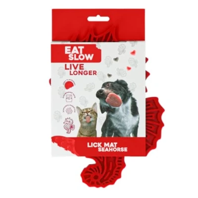 Afbeelding van Eat Slow Live Longer Likmat Zeepaard 22 x 16.5 cm Snuffelmat Anti schrok Mat Slowfeeder Afleiding Honden en Katten voor Smeersels, Brokken Snoep 100% Siliconen met Zuignappen Vaatwasserbestendig Rood