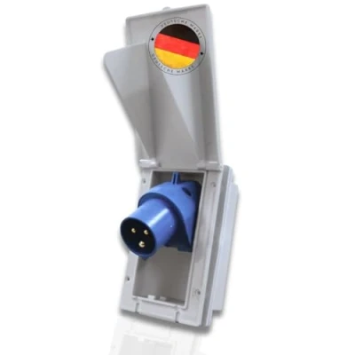 Afbeelding van Carbest CEE Stopcontact 16a wit rechthoekig, IP44, 240 V, 3 polig, klapdeksel, inbouwstekker voor buitengebruik, voedingsstopcontact, caravanaccessoires, camperaccessoires