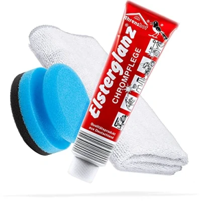 Afbeelding van Detailmate Chroomverzorgingsbundel met 150 ml XXL tube Elsterglanz Chrome Care + Premium microvezeldoek spons polish reinigt, gepolijst en geconserveerd chromen oppervlakken