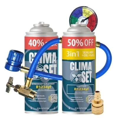 Afbeelding van ClimaSet 3in1 R124yf vervangend gas voor koelmiddel airconditioning auto gasfles 2x235 g airconditioningslang manometer adapter HP/LP ECO