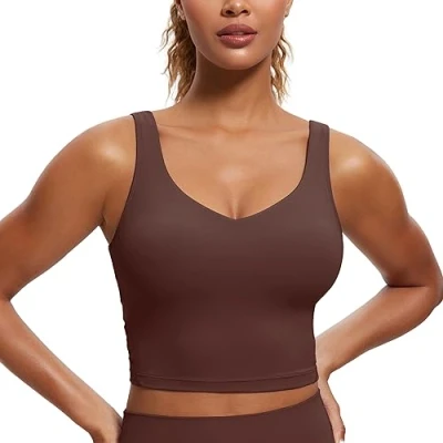 Afbeelding van CRZ YOGA Butterluxe Dames Sportbeha Met V hals En Gewatteerde Crop Top Ingebouwde Bh Taupe XS