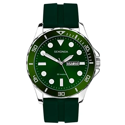 Afbeelding van Sekonda Balearic Mens 44mm Quartz Horloge met Analoge Dag/Datum Display, en Rubberen Band, Groen, riem
