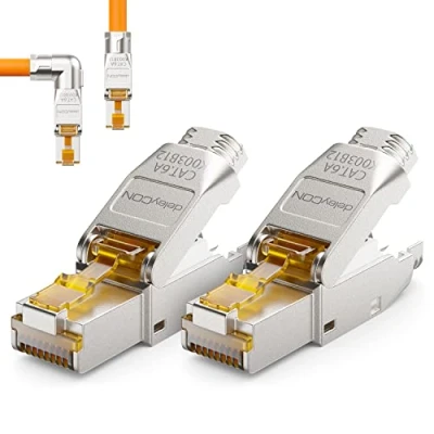 Afbeelding van deleyCON 2x CAT 6a RJ45 Stekker met een Hoek van 90 Gereedschapsloos Afgeschermd 10 Gbit/s Netwerkstekker voor Raw Cable Starre Installatiekabel Connector Ethernet LAN DSL Patchkabel