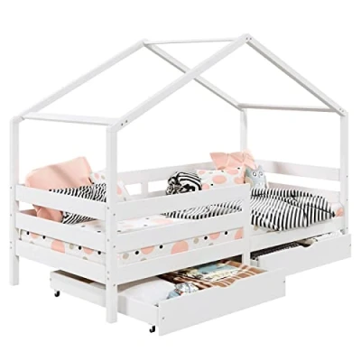 Afbeelding van IDIMEX Huisbed ENA van massief grenen, mooi Montessoribed in 90 x 200 cm, kinderbed met valbeveiliging, stabiel speelbed dak en 2 laden wit