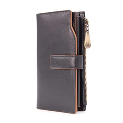 Afbeelding van Catwalk Collection Luxe Dames Organiser Portemonnee met Geschenkdoos Kwaliteit Echt Leer RFID Protectie 20 Creditcards munten vak rits Smartphone Compartiment STELLA Zwart