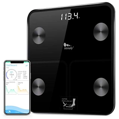 Afbeelding van himaly Slimme digitale personenweegschaal, bluetooth, compatibel met lichaamsvet, gewicht, lichaamsgewicht, BMI, lichaamswater, botmassa, calorieën, visceraal vet, badkamerweegschaal