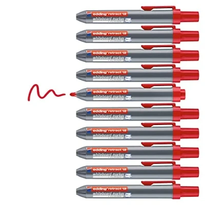 Afbeelding van edding 12 Retract whiteboardmarker rood 10 whiteboardstiften ronde punt 1,5 3 mm doploos design voor bediening met één hand op whiteboard, flipchart, magneetbord, pinwand, memobord