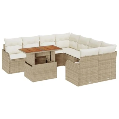 Afbeelding van vidaXL 9 delige tuinsofa set met kussens beige poly riet, 2 zits opbergruimte en riet