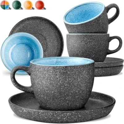 Afbeelding van Cosumy Cappuccinokopjes met Onderzetters Set van 4 200 ml Koffiekopjes Keramiek, Handgemaakt Reactief Glazuur Houdt Lang Warm (Blauw)