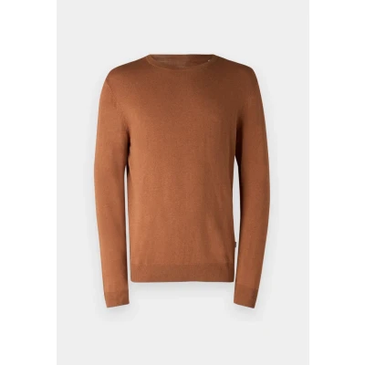 Afbeelding van JACK &amp; JONES Emil knit crew neck slim fit heren pullover viscosemengsel met O hals cognac bruin Maat: S