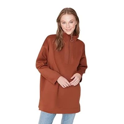Afbeelding van Trendyol Lage mouw Tuniek Bruin duiker/scuba effen gebreid sweatshirt met ritsdetail TCTAW23TW00198