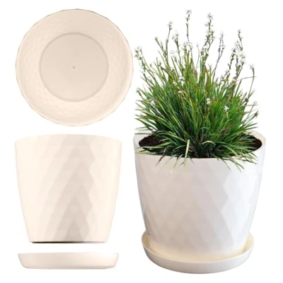 Afbeelding van KADAX Bloempot met Schotel, Plantenpot voor Bloemen, Planten, Kruidenplanten, binnen, Plantenbak van Kunststof, decoratieve Pot, Planter (18 cm, crème)