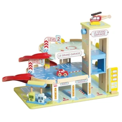 Afbeelding van Le Toy Van Iconic Wooden 3 Storey Grand Garage Car Play Set 7 Pieces, Vehicle Role Toys Suitable For Year Old +