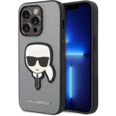 Afbeelding van Karl Lagerfeld KLHCP14LSAPKHG iPhone 14 Pro 6.1 zilver/zilver hardcase Saffiano Karl`s Head Patch