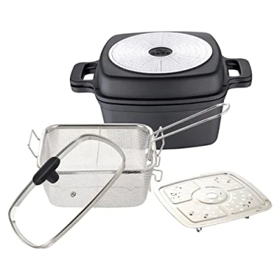 Afbeelding van MasterPRO Foodies Pannenset, 5 delig in 1, multifunctionele set van gegoten aluminium, koken, grillen, braden en stomen, inclusief accessoires, voor alle warmtebronnen