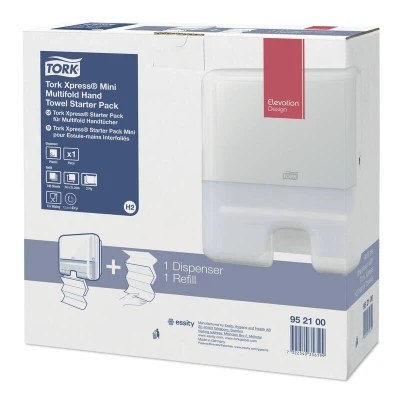 Afbeelding van Tork Xpress Mini Multifold Dispenser voor papieren handdoeken Starter Pack 952100, hoogteontwerp compacte H2 handdoekdispenser, wit gevouwen handdoeken+navulpapieren (100 vellen)