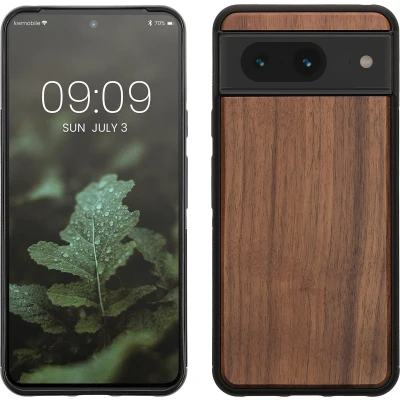 Afbeelding van kwmobile telefoonhoesje geschikt voor Google Pixel 8 Hoesje met bumper in donkerbruin Backcover walnoothout