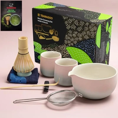 Afbeelding van TEANAGOO Matcha Set Klopper Kom met Schenktuit Schep Houder Thee Making Kit. 1 Japanse theeset (7st) + 2 kopjes (7.2oz), S11, roze kleurverloop