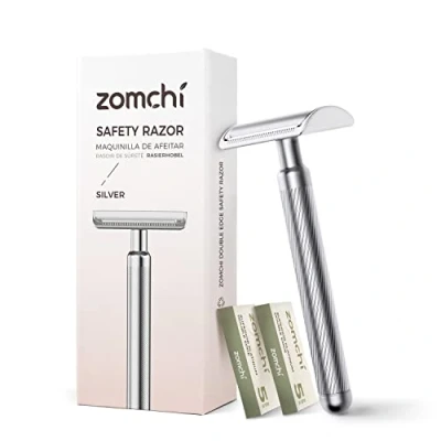 Afbeelding van ZOMCHI Double Edge Safety Razor in zilver Klassiek scheermes voor heren met 10 mesjes Duurzame, duurzame roestvrijstalen constructie