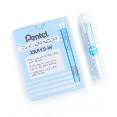 Afbeelding van Pentel Clic Eraser ZE81 gum, rechthoekig, navulbaar, behuizing in hemelsblauw, transparant, 12 stuks