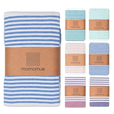 Afbeelding van MOMOMUS Strandlaken Fouta XXL of picknickdeken voor het strand, gestreepte deken met franjes, grote strandhanddoek picknickdeken, blauw, 210 x 240 cm