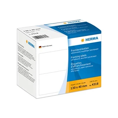 Afbeelding van HERMA 4318 Frankeeretiketten voor Frankiermachines, dubbel (130 x 40 mm, speciaal papier, mat) zelfklevend, permanent hechtend, 1.000 etiketten, wit