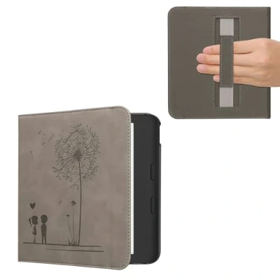 Afbeelding van kwmobile ereader hoesje van kunstleer geschikt voor Kobo Libra Colour Met magneetsluiting In grijs Paardenbloemen Liefde design