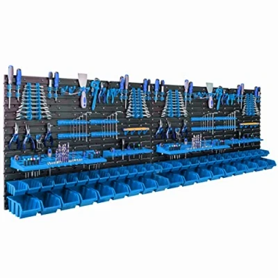 Afbeelding van 46 stapelbakken, wandrek, kunststof, 234 x 78 cm, gereedschapshouder, werkplaats, garage, opslagsysteem, opbergbakken