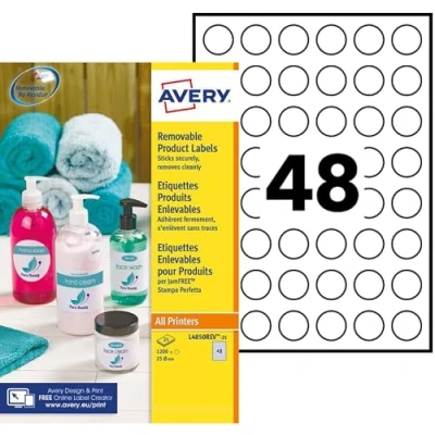 Afbeelding van Avery Zelfklevende verwijderbare ronde etiketten, 1200 witte etiketten 48 per vel