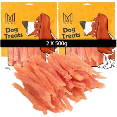 Afbeelding van MERSJO Hondensnoepjes, 88% hoog vleesgehalte, geen additieven, graan en suikervrij, lekkernijen voor honden als dagelijkse aanvulling, natuurlijke kauwhulp, zachte kippenstrepen, 1000 g
