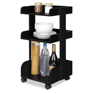 Afbeelding van Bomoe Opbergwagen op 4 Zwenkwielen met Rem &amp; 3 Etages Bosse FSC® Houten Rolwagen Serveerwagen Keukentrolley voor Keuken Badkamer Kantoor Woonkamer 32x35x69cm Zwart