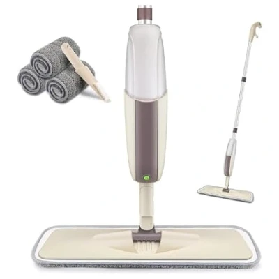 Afbeelding van Spuitdweil voor vloerreiniging, HOMTOYOU vloerdweil met een navulbare fles en 3 wasbare microvezelpads, droge natte dweil thuis, keuken, hardhout, laminaat, hout, vinyl, keramische tegels,