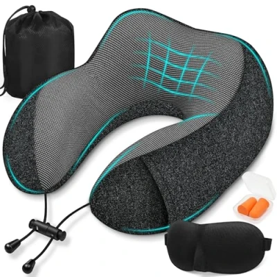 Afbeelding van SOMLAW Reiskussen van traagschuim, nekkussen voor reizen, comfortabel ergonomisch reiskussen, orthopedische neksteun auto, vliegtuig