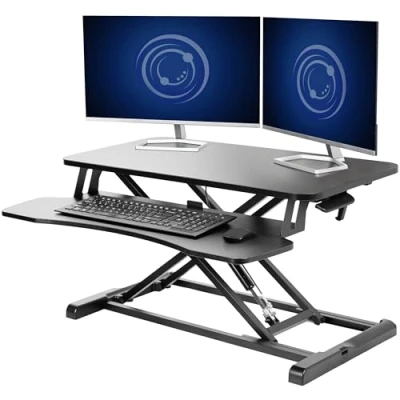 Afbeelding van VIVO Standing 32 inch desktopconverter, in hoogte verstelbare riser, om op te staan dual monitor en laptop werkstation met brede toetsenbordhouder, zwart, metaal,