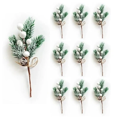Afbeelding van RXXR 10 stuks witte sneeuwvlokken bessen, kunstkerstbessen, takken voor kerstboomversiering, bloemstuk, doe het zelf krans, wintervakantiedecoratie