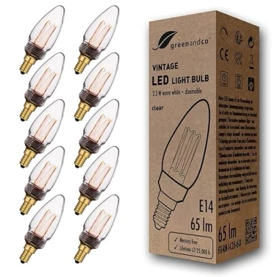 Afbeelding van greenandco Led lampen, dimbaar, vintage, E14, C35, 2,3 W, 65 lm, 1800 K, zeer warm wit, 320 graden, 230 V, helder, geen flikkeren, 10 stuks