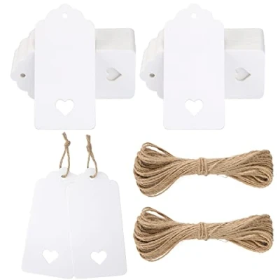 Afbeelding van G2PLUS 100 stuks geschenkhangers, wit, 4,5 x 9,5 cm, kraftpapier, labels, 300 g/m², cadeauhangers, etiketten hart met koord voor bruiloft, geschenken om te knutselen