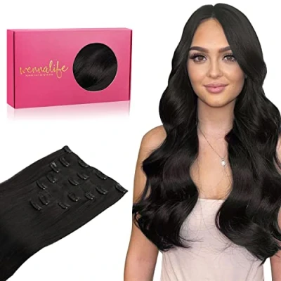 Afbeelding van Wennalife clip in extensies, echt haar, 40 cm, 120 g, 7 stuks, natuurlijk zwart, Remy haarverlenging, haar